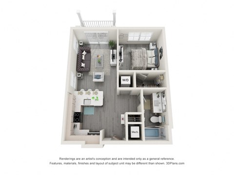 Floor plan for 1 bed, 1 bath, 624 sqft